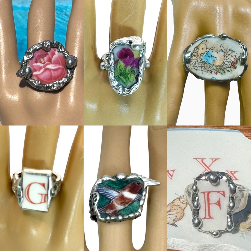 Vintage Broken China Artisan Rings crafted W/ Boho Metalwork & Upcycled Spoons